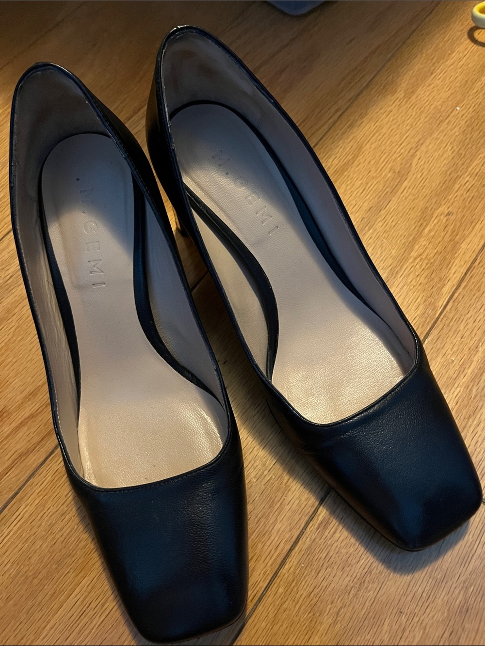 Classic Black Leather Square-Toe Heels by M.GEMI
